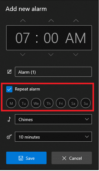 Marque la casilla Repetir alarma y haga clic en el icono del día para repetir la alarma en los días mencionados.