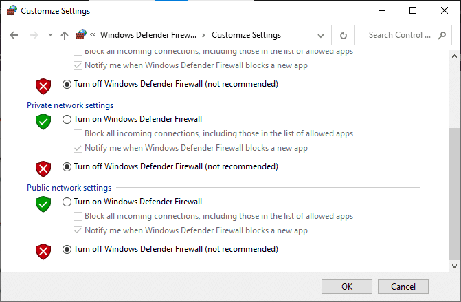 Maintenant, cochez les cases ;  désactiver le pare-feu Windows Defender (non recommandé)