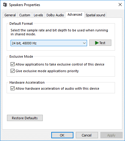 Passez à l'onglet Avancé et modifiez le format audio par défaut