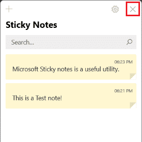 haga clic en el icono x para cerrar Sticky Note Hub