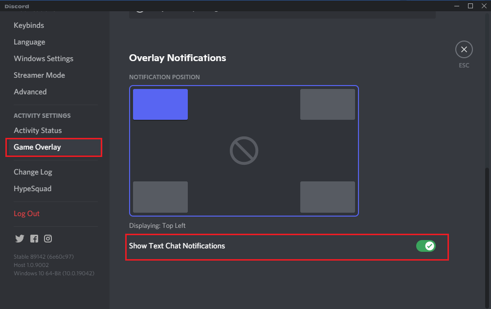 Schakel de optie met de titel Toon tekstchatmeldingen uit toggle |  Discord-overlay uitschakelen