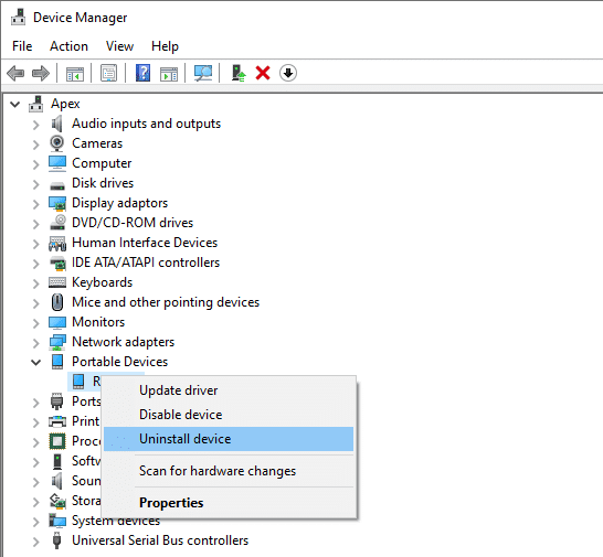 Simplemente haga clic derecho en el nombre del dispositivo y seleccione Desinstalar