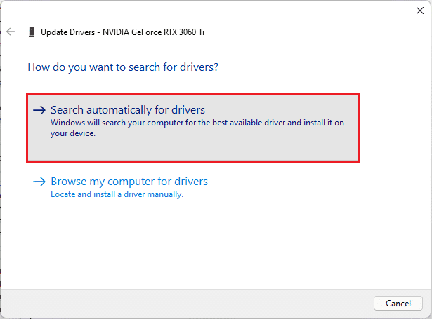 เลือกค้นหาโดยอัตโนมัติสำหรับไดรเวอร์เพื่ออัปเดตไดรเวอร์ Nvidia geforce Windows 11