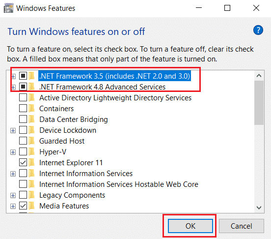 Vink het vakje .NET Framework 4.8 Advanced Series aan