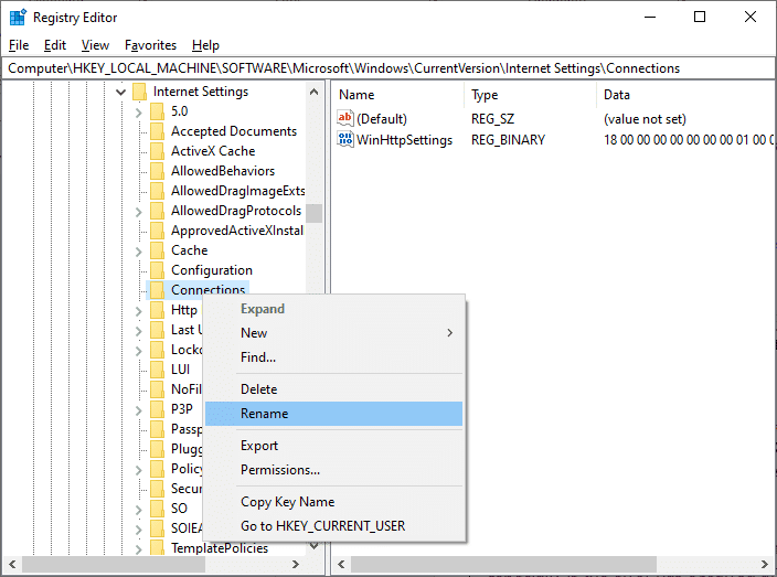 Renommez le dossier Connections dans l'éditeur de registre.  Résoudre le problème de sécurité INET E dans Microsoft Edge