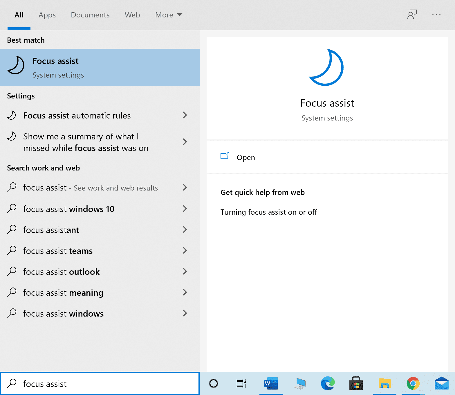 Escriba Focus Assist en el cuadro de búsqueda de Windows y ejecútelo