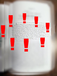 page of text once focusing is lost and with eye fatigue represented by red exclamation marks