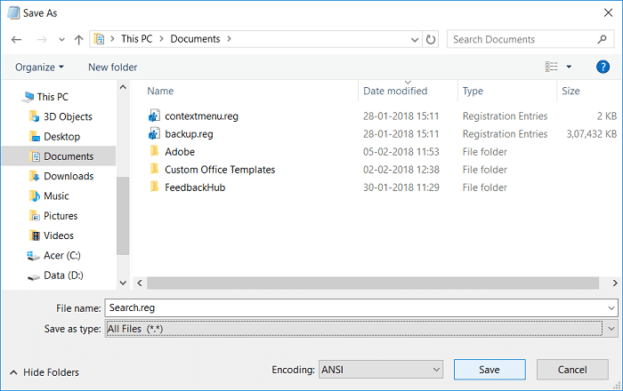 Nombre el archivo como search.reg, luego seleccione Todos los archivos y haga clic en Guardar |  Cambiar la vista de carpeta predeterminada de los resultados de búsqueda en Windows 10