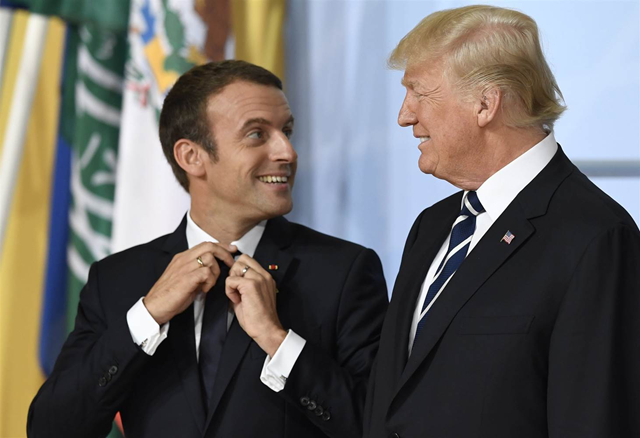 Presidents Emmanuel Macron and Donald Trump at the G20 summit in Hamburg, Germany, on 7 July 2017. Photo: Daniel Kopatsch / EPA