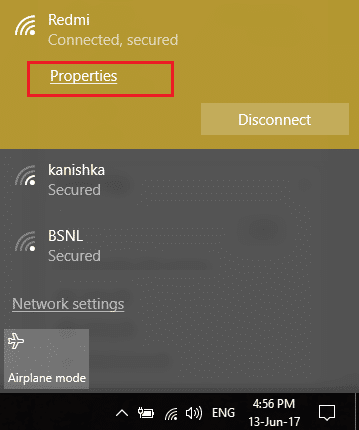 haga clic en propiedades en la red WiFi conectada