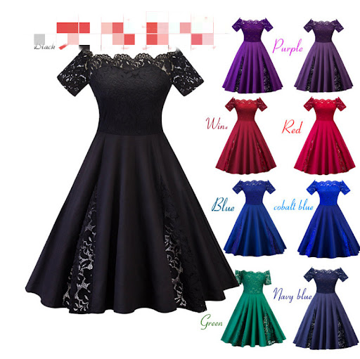 Title 1, Evening dress featuring a one-word V-neck, lace...