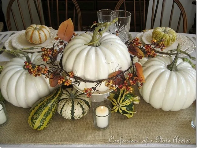 CONFESSIONS OF A PLATE ADDICT Thanksgiving Tablescape with White Pumpkins, Bittersweet and Mercury Glass