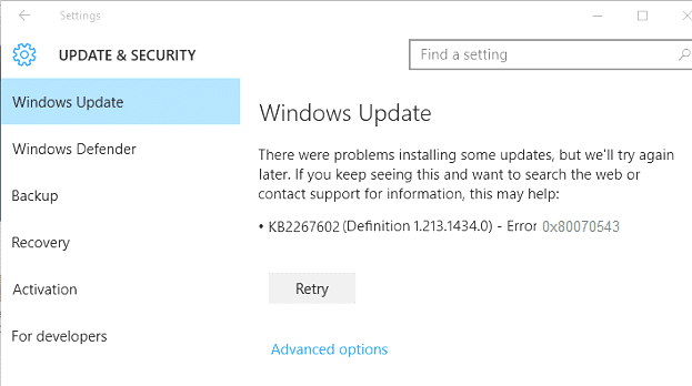 Fix Windows Update mislukt met fout 0x80070543