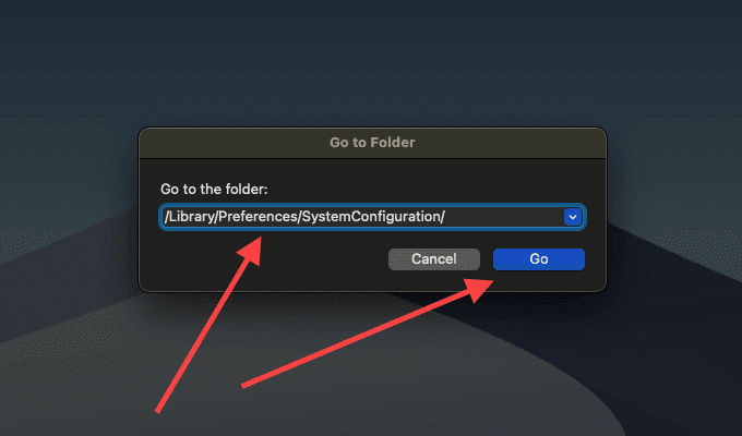 Дошли до папки: /Library/Preferences/SystemConfiguration/ и кнопка Go