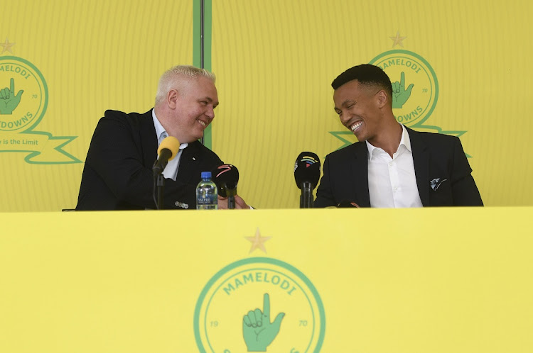 Mamelodi Sundowns's new sporting director Flemming Berg is presented to the media by chairperson Tlhopie Motsepe at the club's headquarters in Chloorkop, Johannesburg on April 4 2022.