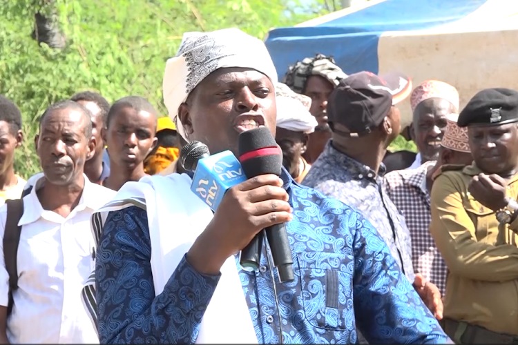 KIharu MP Ndindi Nyoro speaks in Garsen on Friday during the launch of Kokane Gobu Secondary School, January 26, 2023.