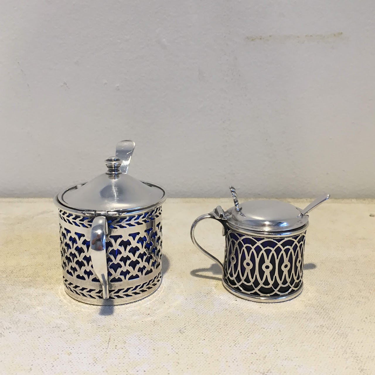 Sterling & Cobalt Glass Salt & Pepper Cellars