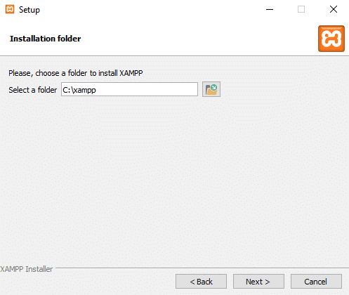 Entrez l'emplacement du dossier pour installer le logiciel XAMPP en cliquant sur la petite icône à côté de la barre d'adresse