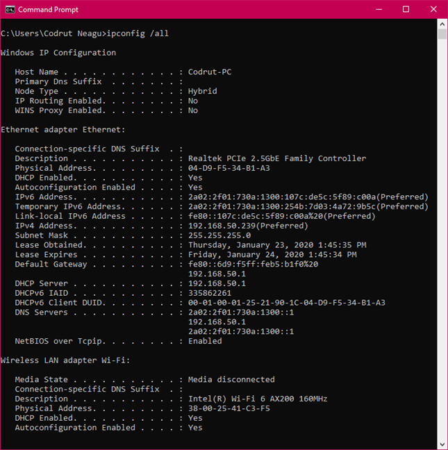 เรียกใช้ ipconfig /all เพื่อรับข้อมูล NIC (การ์ดเชื่อมต่อเครือข่าย) โดยละเอียด