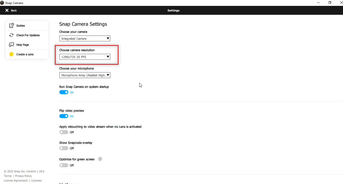 modifiez la résolution et la fréquence d'images dans le menu déroulant sous l'option Choisir la résolution de la caméra