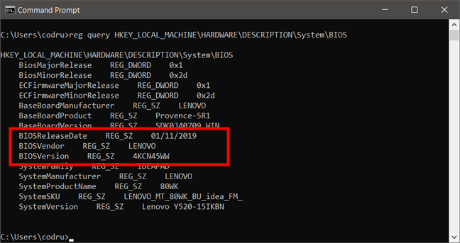 Vind BIOS-versie en datum met behulp van reg query