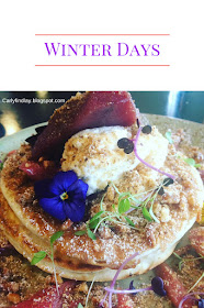 Text: winter days. Image: pancake stack with poached pear, ricotta and purple flowers. 