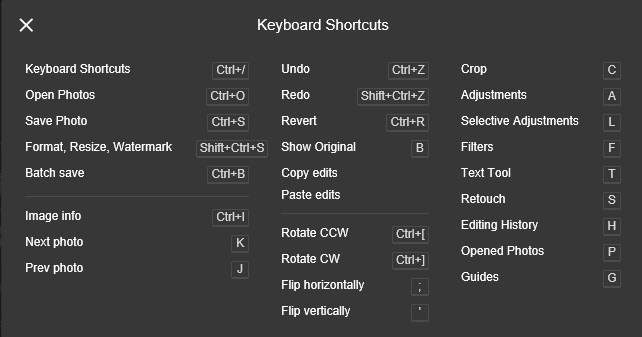 Pixlr a également une longue liste de raccourcis clavier