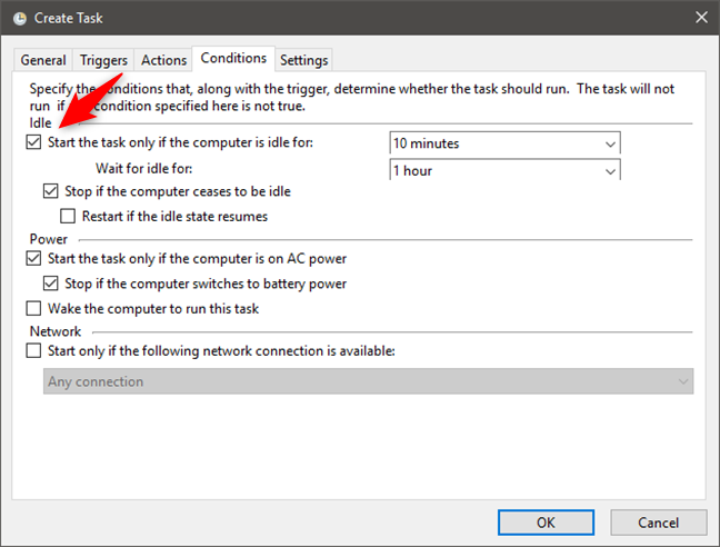 Elegir iniciar una tarea solo si la PC está inactiva durante un período de tiempo específico