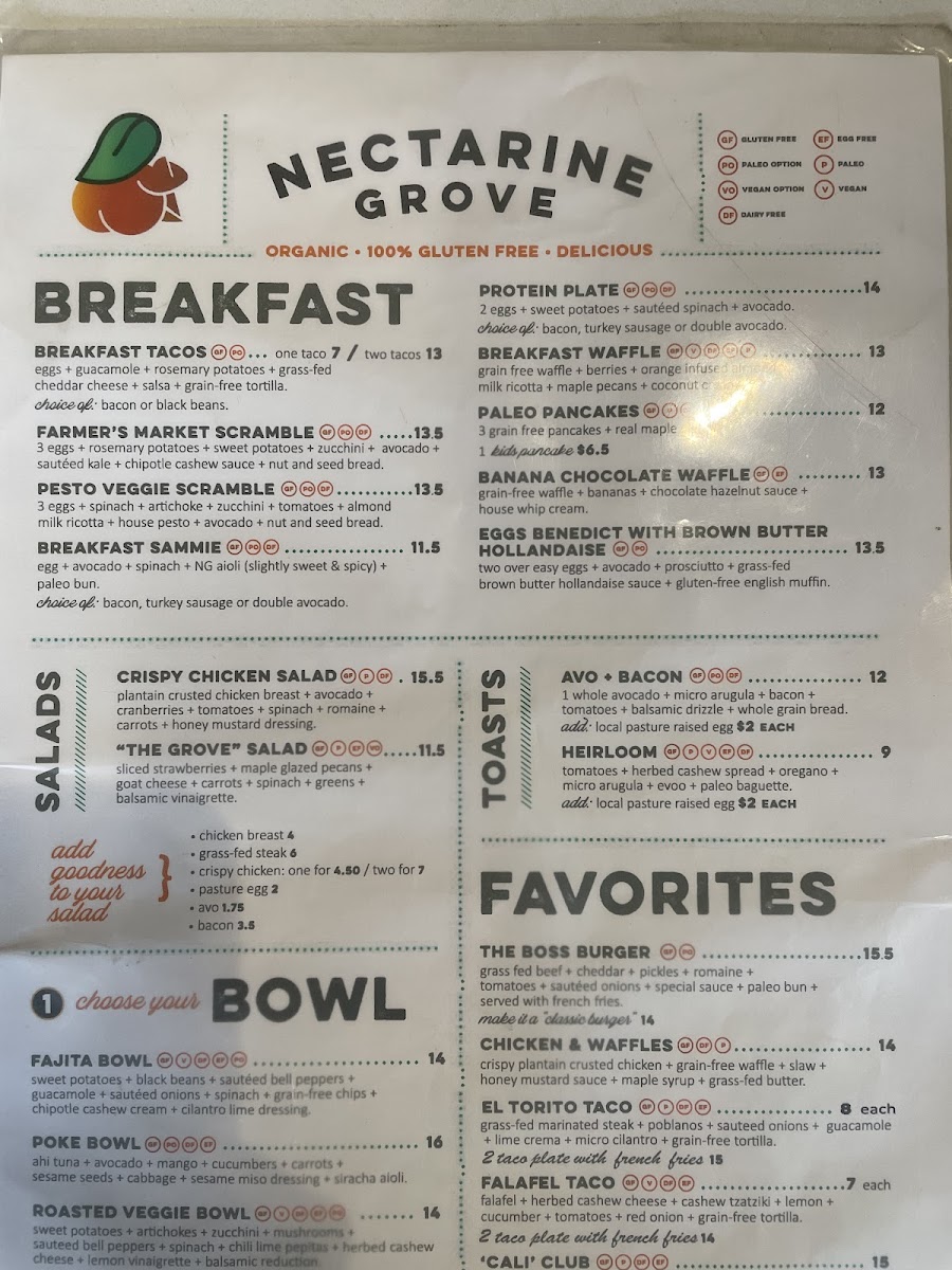 Nectarine Grove gluten-free menu