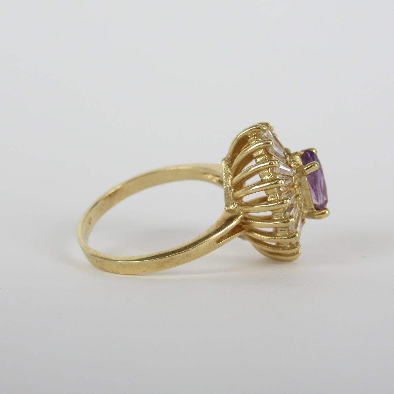 14K Gold, Clear Stone and Amethyst Ring