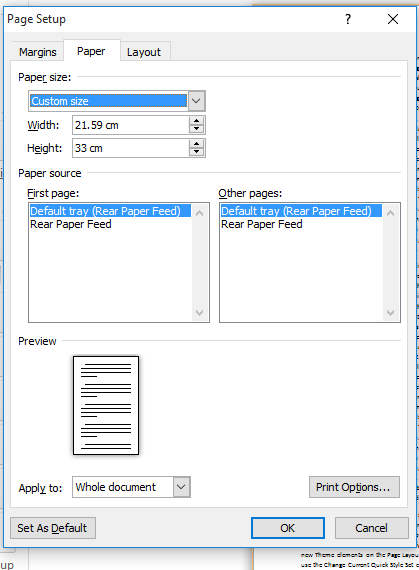 page setup printer