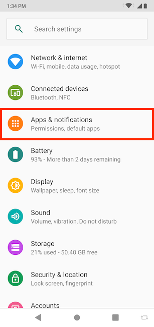 Appuyez sur Apps &  notifications de l'application Paramètres