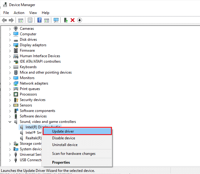 Haga clic derecho en su dispositivo de audio y seleccione Actualizar controlador.  Arreglar los altavoces de Logitech que no funcionan en Windows 10