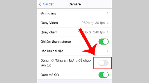 Tắt tính năng dùng nút tăng âm lượng để chụp liên tục