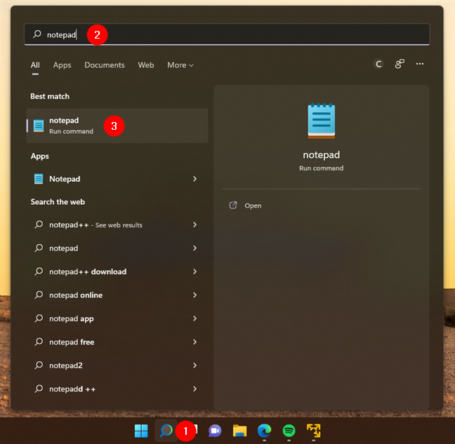 How to open Notepad using search
