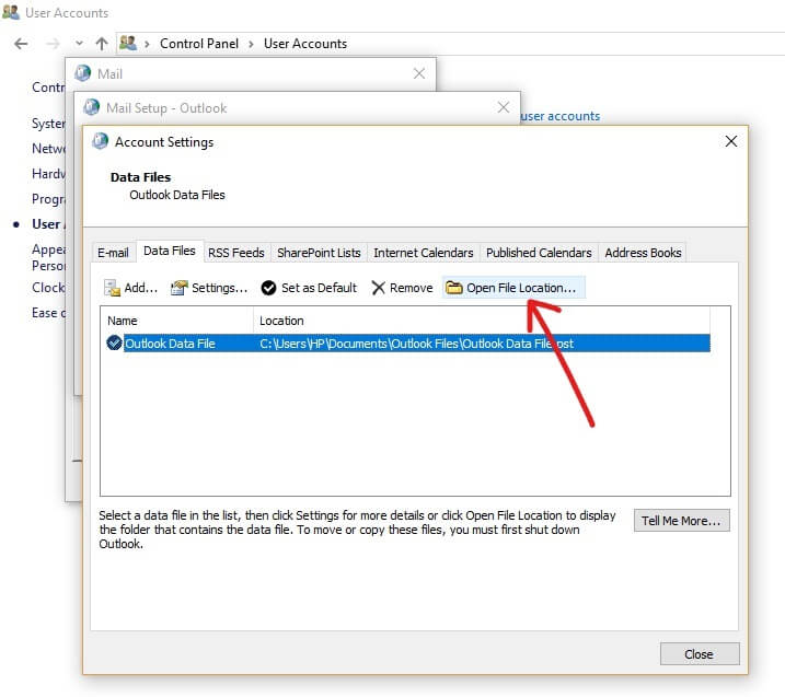 Нажмите кнопку «Открыть местоположение файла» |  Исправить поврежденные файлы данных Outlook