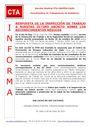 RESPUESTA DE LA INSPECCIÓN DE TRABAJO A NUESTRO ÚLTIMO ESCRITO SOBRE LOS RECONOCIMIENTOS MÉDICOS