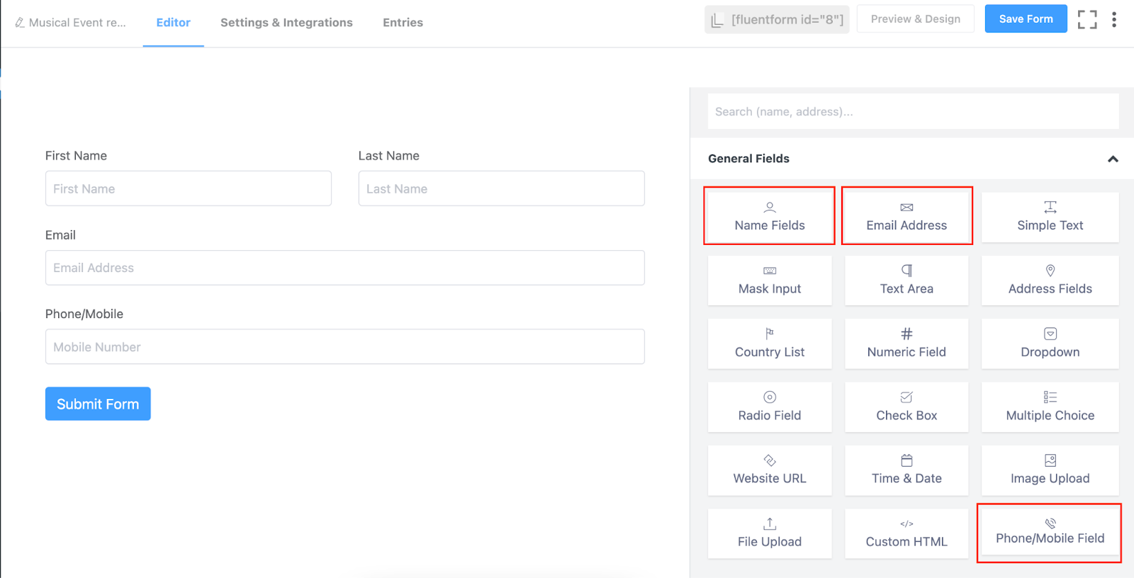 Fluent Forms' input fields