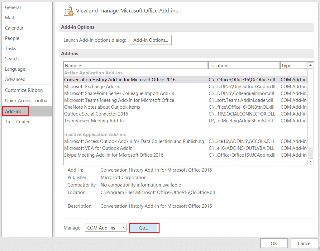 wybierz opcję menu Dodatki i kliknij przycisk GO w opcjach programu Outlook