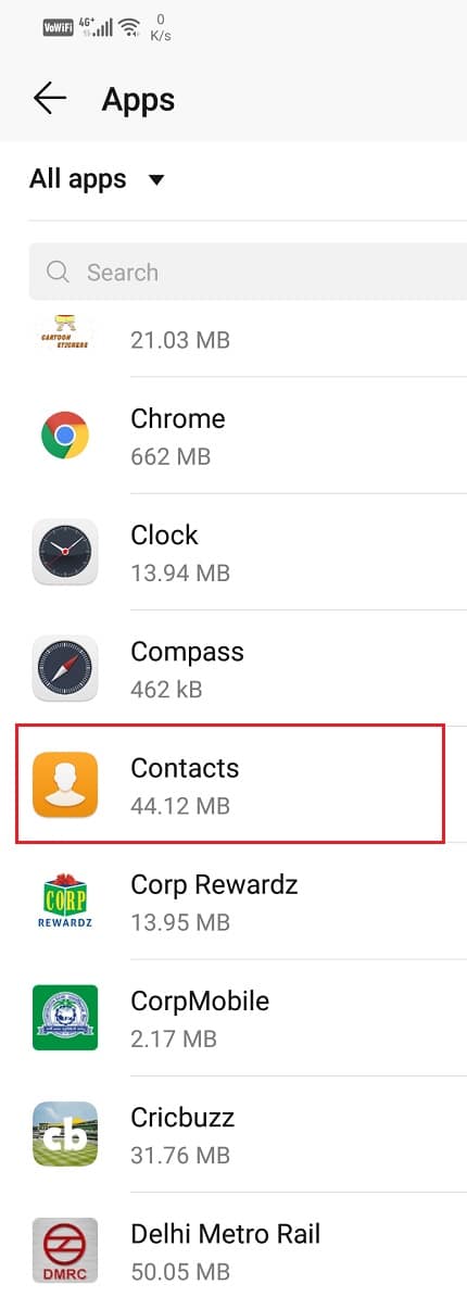 Selecteer de app Contacten in de lijst met apps