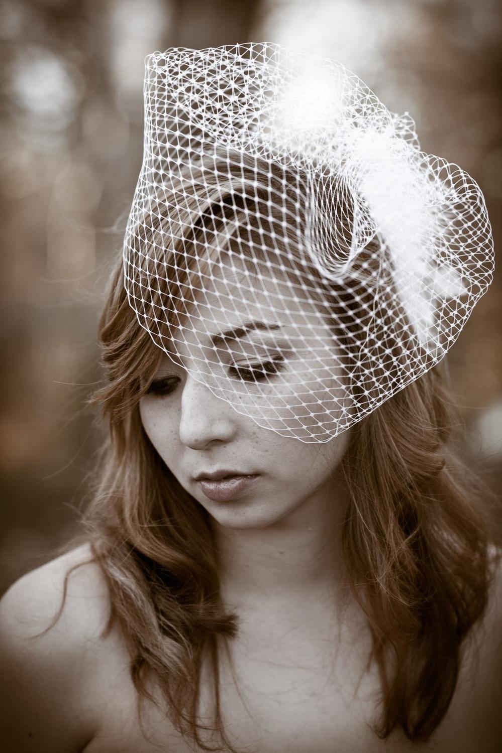 black, ivory birdcage veil