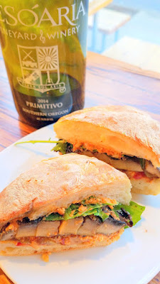 Tesoaria's Thursday Portland Vegan Takeover Menu - Shut Up and Eat Your Vegetables, Portobello Sandwich with house made that day ciabatta, romesco, pickled peppers, roasted fennel greens, suggested wine pairing 2014 Bulls Blood though here I tried the 2014 Primitivo which was just as excellent!