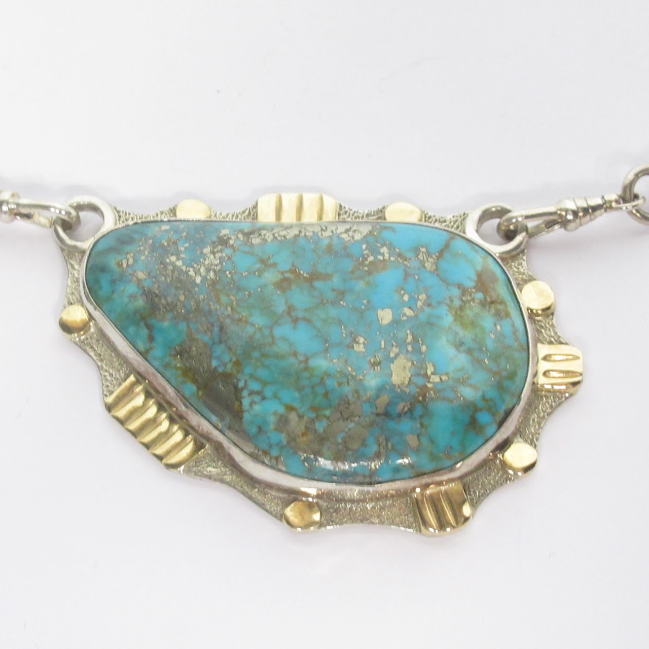 Sterling Silver, 14K Gold, and Turquoise Signed Monroe Jackson Southwestern Necklace