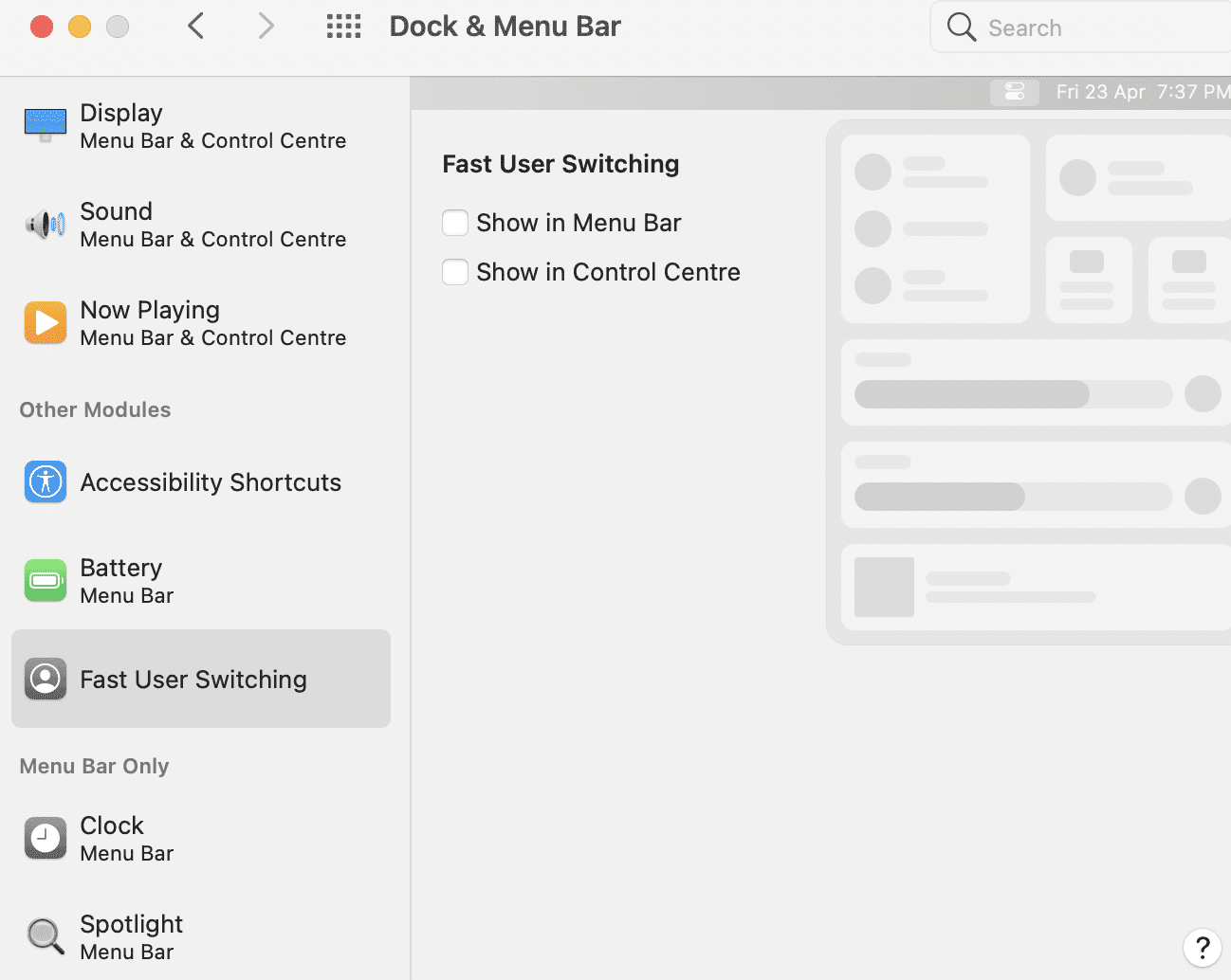 ปิดใช้งานตัวเลือก Fast User Switching เพื่อลบออกจาก Control Center