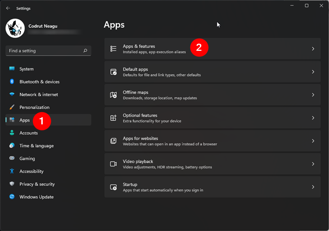 Abra Aplicaciones > Aplicaciones y funciones en la configuración de Windows 11