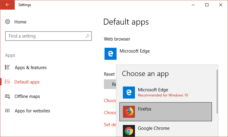 Choisissez l'application par défaut pour le navigateur Web tel que Firefox ou Google Chrome