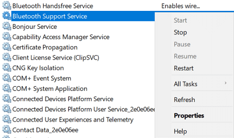 Haga clic derecho en Servicio de soporte de Bluetooth y luego seleccione Propiedades