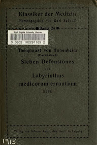 Cover of Paracelsus's Book Sieben Defensiones und Labyrinthus Medicorum Errantium (in German)