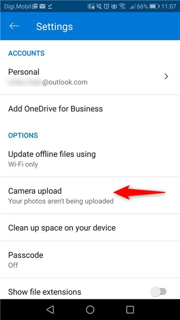 L'entrée Camera Upload de l'application OneDrive