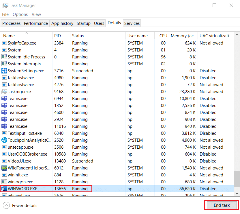 WINWORD.EXE Finalizar tarea